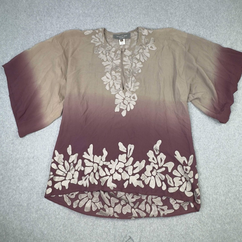 Sachin + Babi for Ankasa Silk V-Neck Embroidered Ombre Blouse Sz M Boho Coastal